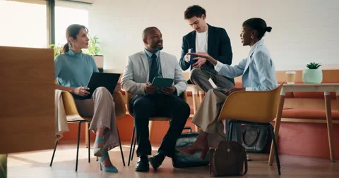 Coffee shop, creative and people in meeting on tech for planning, project and Stock Footage 335456529