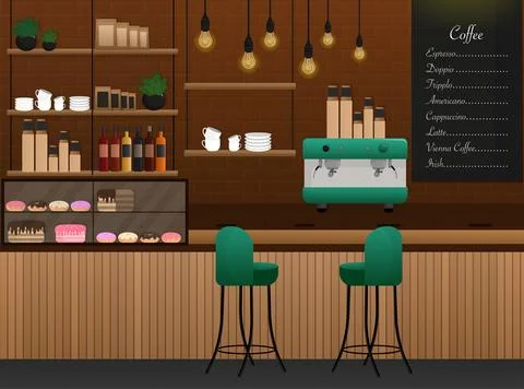 Coffee shop design. Vector flat cartoon illustration. Cozy vector illustration. Stock Illustration