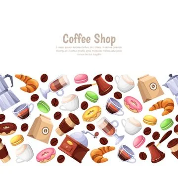 Coffee shop, desserts, vector horizontal seamless background. Cartoon illustr Stock Illustration
