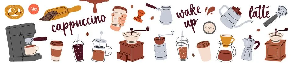 Coffee shop elements. Hand drawn for cafe menu, coffee shop. Beans, drinks, cups Illustrazione stock