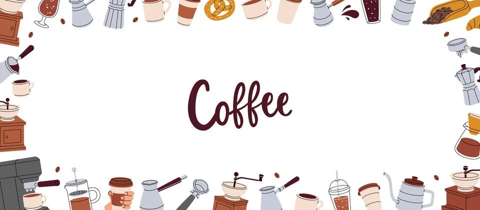 Coffee shop elements in horizontal banner. Cafe menu, coffee shop. Beans, drinks Illustrazione stock