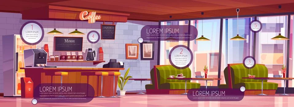 Coffee shop interior with infographic elements Illustrazione stock
