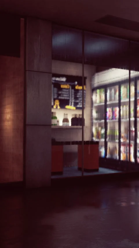 Coffee shop interior with menu and fridge in city location at night Stock Footage 341981887