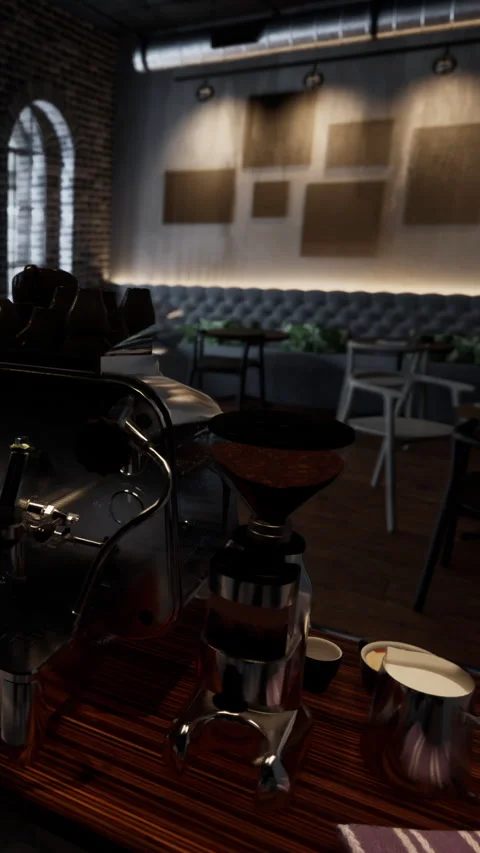 Coffee shop interior showing espresso machine and seating area in city Stock Footage 340645490