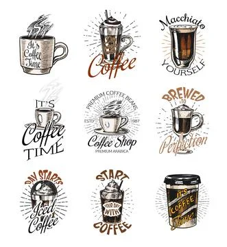 Coffee shop logo and emblems set. Cup of drink. Vintage retro badges set. Hand Stock Illustration