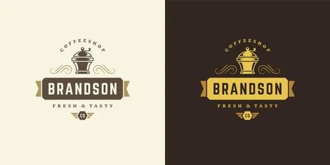 Coffee shop logo template vector illustration with grinder silhouette good .. Stock-Illustration