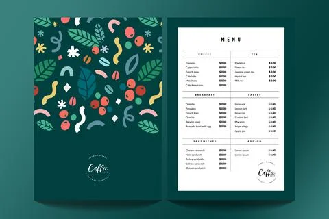 Coffee shop menu design template, cafe menu card template with cover. Pre-made Stock Illustration