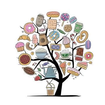 Coffee shop menu elements. Art tree concept. Desserts and sweets. Hand drawn Stock Illustration