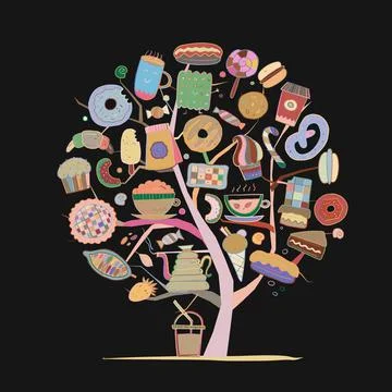 Coffee shop menu elements. Art tree concept. Desserts and sweets. Hand drawn 스톡 일러스트