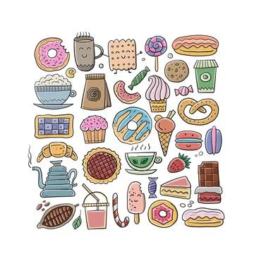 Coffee shop menu elements. Desserts and sweets. Hand drawn sketch for your Stock Illustration