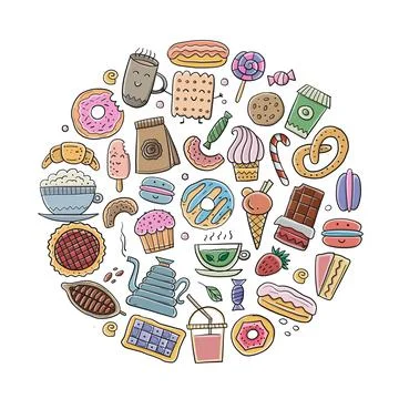 Coffee shop menu elements. Desserts and sweets. Hand drawn sketch for your Stock Illustration