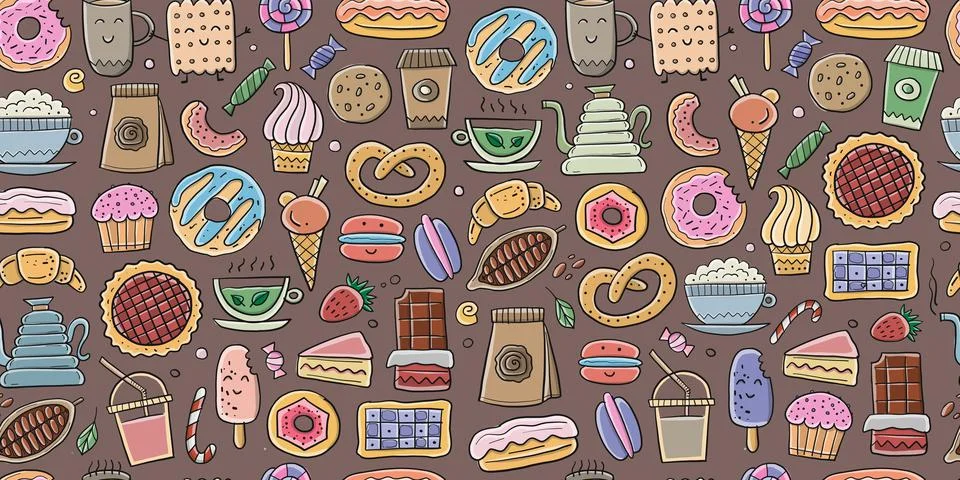 Coffee shop menu elements. Desserts and sweets. Hand drawn sketch. Seamless Stock Illustration