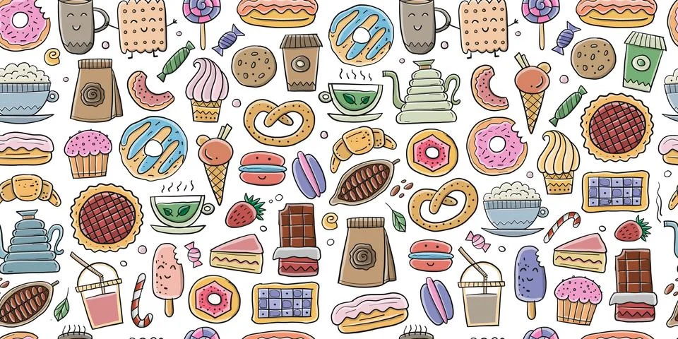 Coffee shop menu elements. Desserts and sweets. Hand drawn sketch. Seamless Illustrazione stock