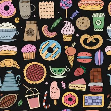 Coffee shop menu elements. Desserts and sweets. Hand drawn sketch. Seamless イラスト素材