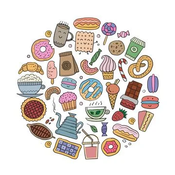 Coffee shop menu elements. Desserts and sweets. Hand drawn sketch for your イラスト素材