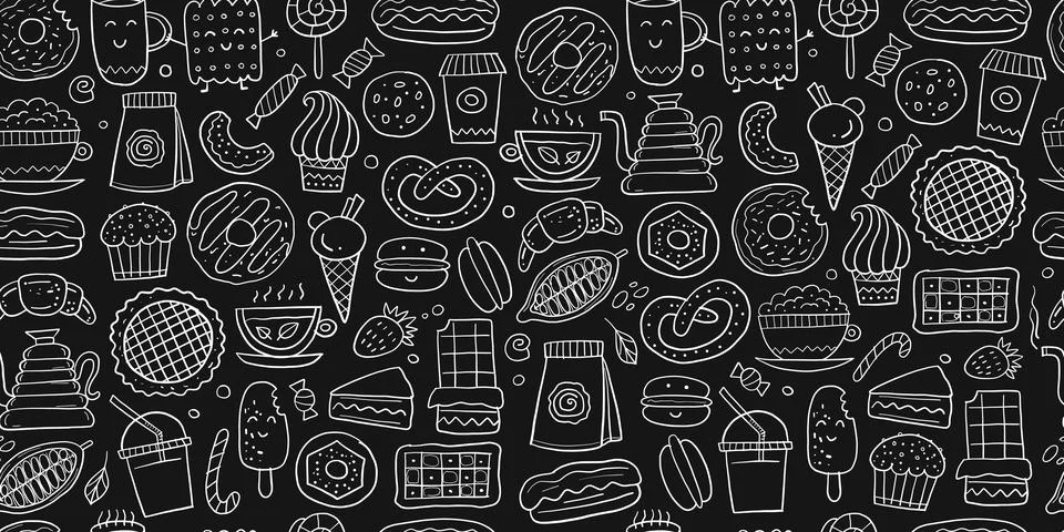 Coffee shop menu elements. Desserts and sweets. Hand drawn sketch. Seamless Stockillustratie