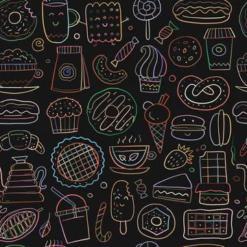 Coffee shop menu elements. Desserts and sweets. Hand drawn sketch. Seamless Illustrazione stock