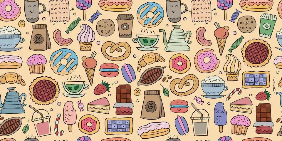 Coffee shop menu elements. Desserts and sweets. Hand drawn sketch. Seamless Illustrazione stock