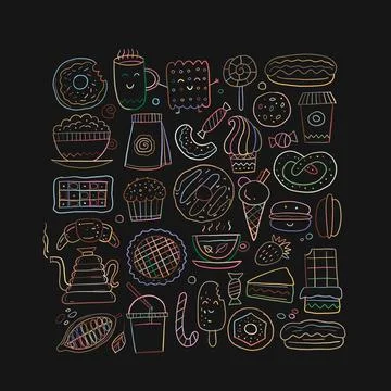 Coffee shop menu elements. Desserts and sweets. Hand drawn sketch for your Illustrazione stock