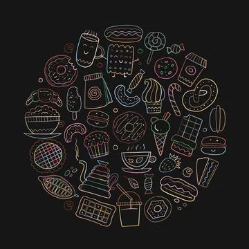 Coffee shop menu elements. Desserts and sweets. Hand drawn sketch for your Stock Illustration