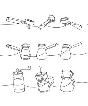 Coffee shop one line continuous drawing. Portafilters, Turkish coffee pots Stock Illustration