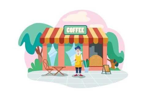A coffee shop owner wearing apron in front of the shop facade Illustrazione stock