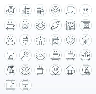 Coffee Shop Pixel Optimized Vector Set with 32 64x64 Thin Line Icons Stock Illustration