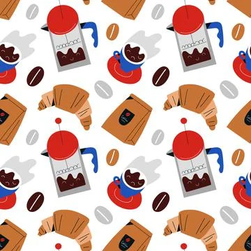 Coffee shop repeat pattern, french press, croissant and espresso, roast beans Stock Illustration