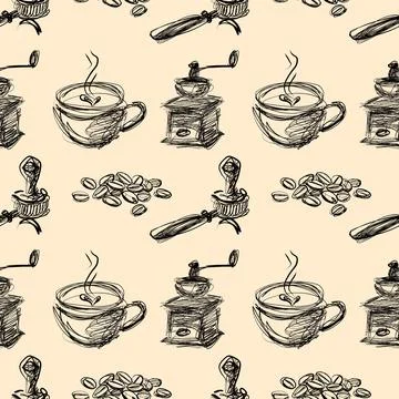 Coffee Shop Seamless Pattern Scribble Line Art Vector, Hand Drawn Vintage Coffee Stock Illustration