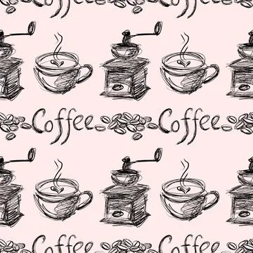 Coffee Shop Seamless Pattern Scribble Line Art Vector, Hand Drawn Vintage Coffee Stock Illustration