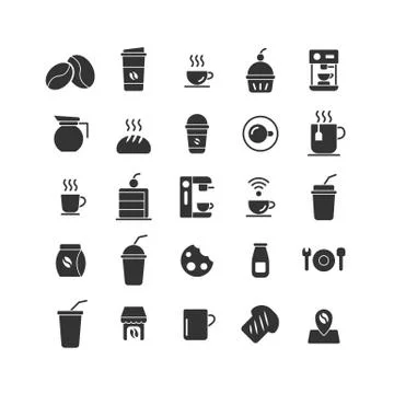 Coffee Shop solid icon set. Vector and Illustration. Stock Illustration