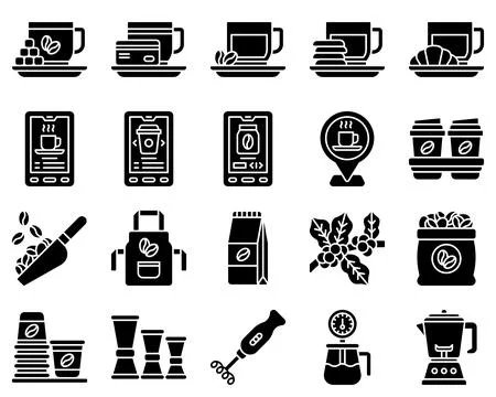 Coffee shop solid vector icon set 3 스톡 일러스트