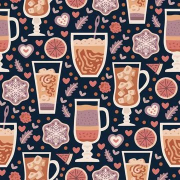 Coffee shop sweets seamless pattern. Cacao drink Stock Illustration