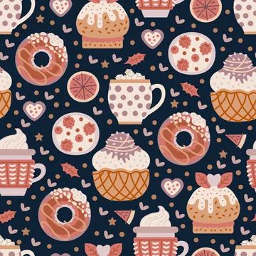Coffee shop sweets seamless pattern. Cacao drink Stock Illustration