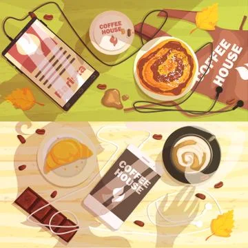 Coffee Shop Table With Cups And Snacks  People Shadows Stock Illustration