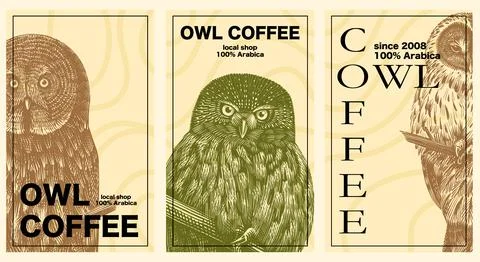Coffee shop template with copy space for text. Great grey, tawny and Ural owls Stock Illustration