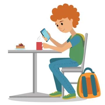 Coffee shop vector flat illustration. Young man at the table. Drawing of student Illustrazione stock