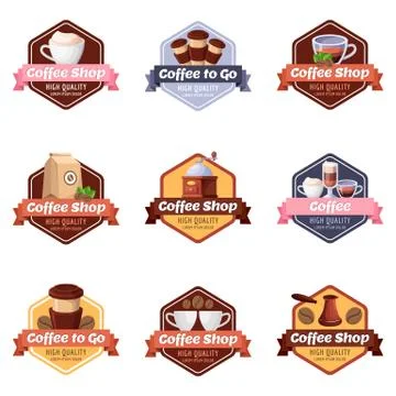 Coffee shop vector logo, label, sticker, emblem set. Cafe or restaurant break Illustrazione stock