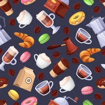 Coffee shop vector seamless black pattern. Cartoon flat illustration. Textile Stock Illustration
