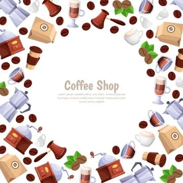 Coffee shop vector white frame background. Cartoon flat illustration. Design Illustrazione stock