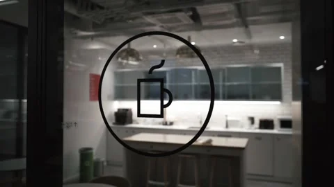Coffee sign on glass door. Empty space for coffee at the modern office Stock Footage 184455718