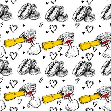 Coffee Sketch Pattern with Beans and Moka Pot Stock Illustration