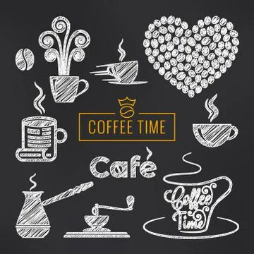 Coffee sketch vector set. Coffee cups and beans Stock Illustration