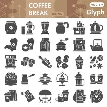 Coffee solid icon set, Coffee break symbols collection or sketches. Coffee time Stock Illustration