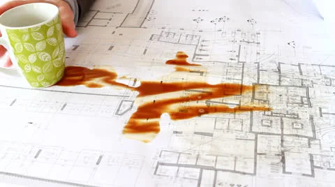 Coffee spilled on architect plans Stock Footage 22559128