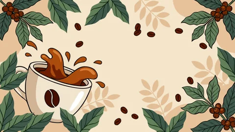 Coffee Splash with Coffee Beans and Green Leaves Background 库存影片 344377359