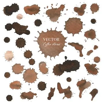 Coffee stains, Brown splash spray texture isolated on white background. Vecto Stock Illustration