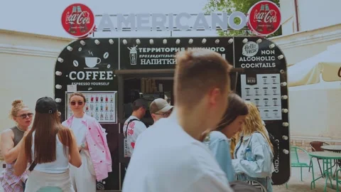 Coffee stand, people drinking coffee at the kiosk 스톡 동영상 299395287