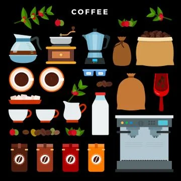 Coffee store flat style vector illustration on dark theme background. Stock Illustration