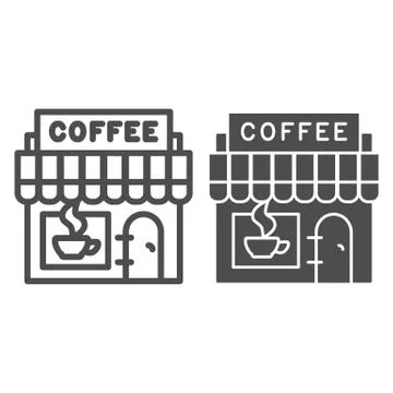 Coffee store line and solid icon. Building facade and signboard of hot drink Stock Illustration